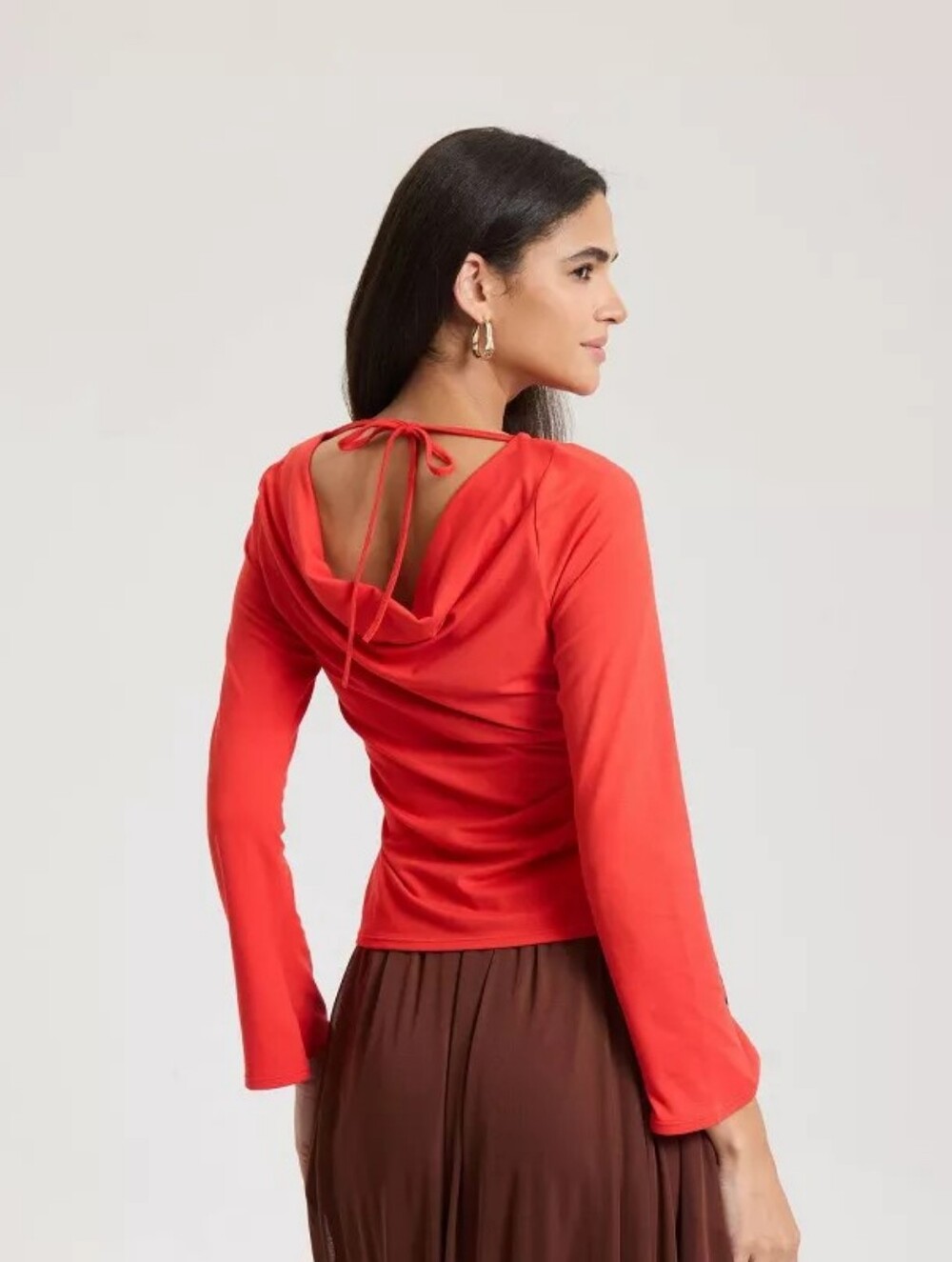 A New Day Red Long Sleeve Cowl Neck Top with Tie Back - Size L - NWT